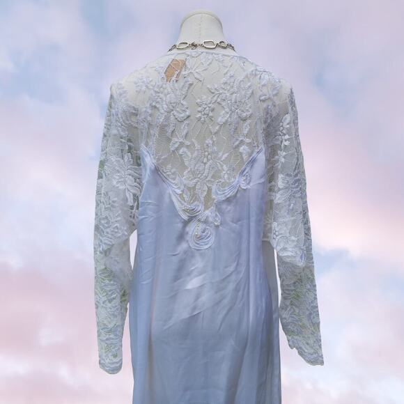 Vtg 90s Cabernet Satin White Long Maxi Lace Beaded Sleeve Robe Cover Up Sz S - Picture 5 of 8